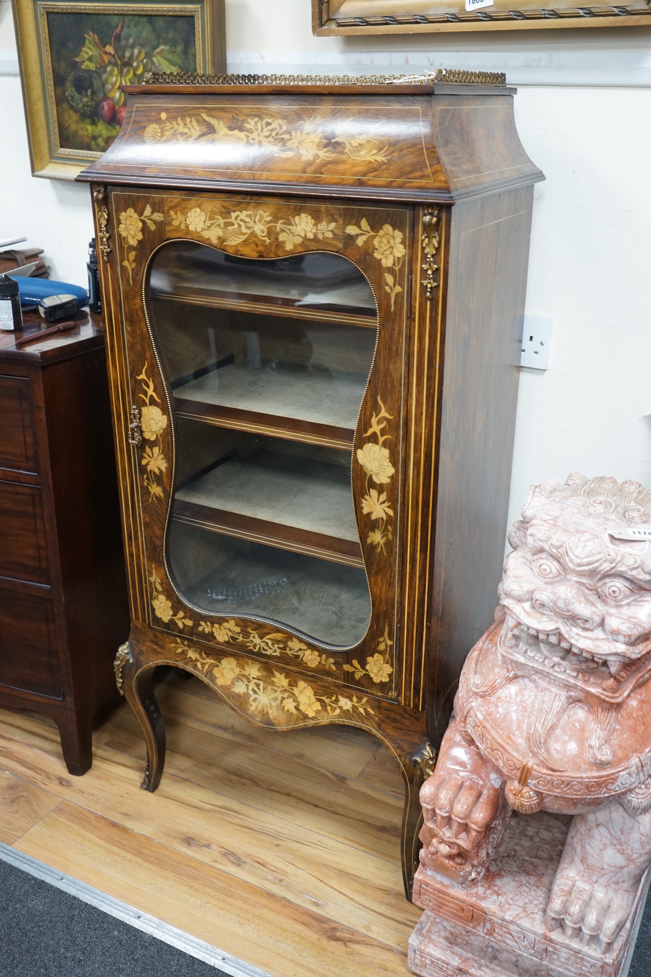 A 19th century French gilt metal mounted and marquetry side cabinet, width 59cm, depth 39cm, height 128cm